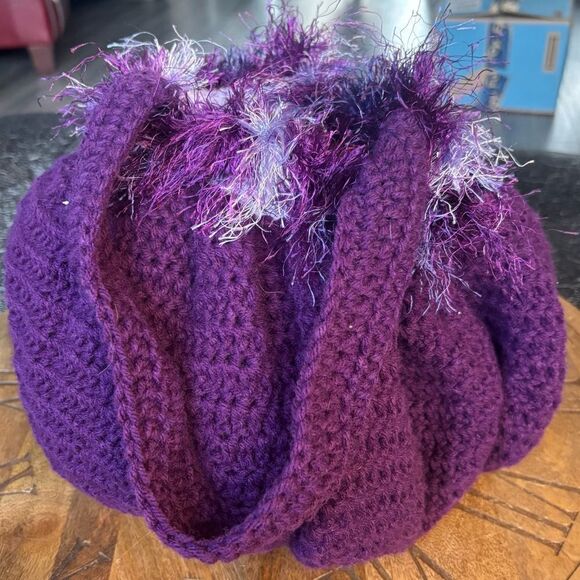 New! Handmade Crochet Round Purple Tote Bag - Picture 3 of 6